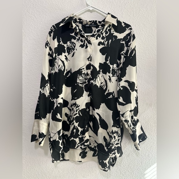 Zara Women's Cream and Black Floral‎ Print Long Sleeve Blouse Size S - Picture 9 of 16